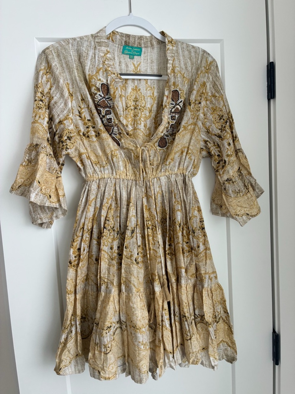 Mini Embroidered Tie-Front Dress in Gold and Cream pattern